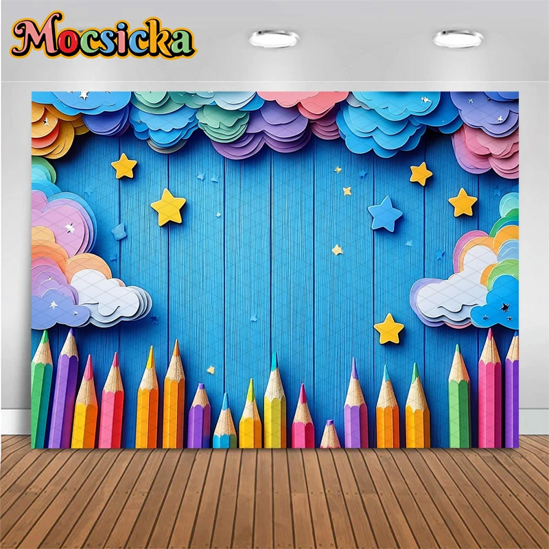 Mocsicka ブルーウッドボード背景写真撮影児童学生ハッピーバースデー背景カラフルなペンクラウドスター装飾バナー