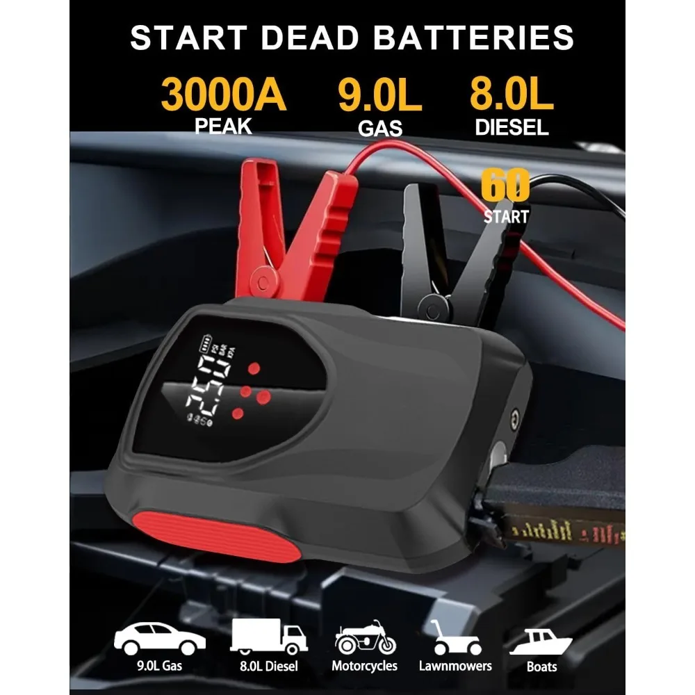 Jump Starter with Air Compressor 3000A 150PSI Portable Car Battery Jumper Starter9.0L Gas/8L Diesel 12V Battery Charger Booster