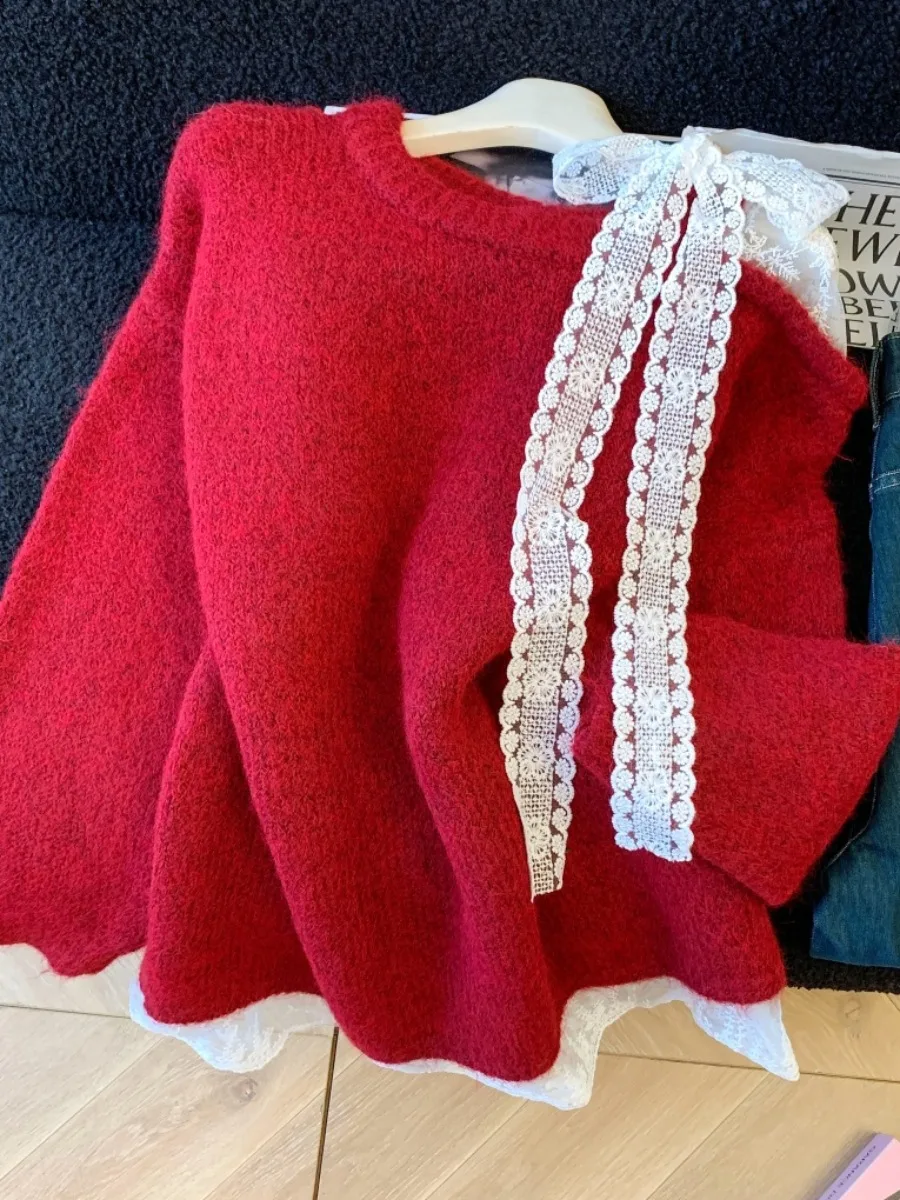 Cisas Aosphere الأحمر عقدة الدانتيل الربط oulder عارية سترة المرأة الخريف الشتاء فضفاض Sle النسخة الكورية #4