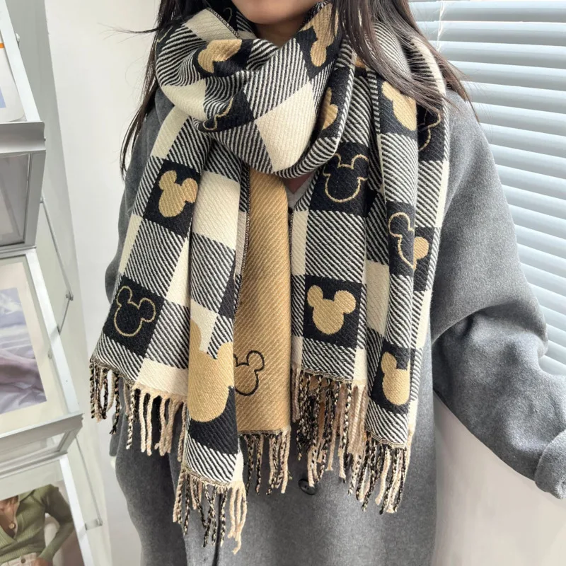 Disney 100th Aniversary Mickey Plaid Scarf Winter Cute Cartoon Print Cashmere Scarf Fashion Warm Soft Scarf Casual Scarf Gift