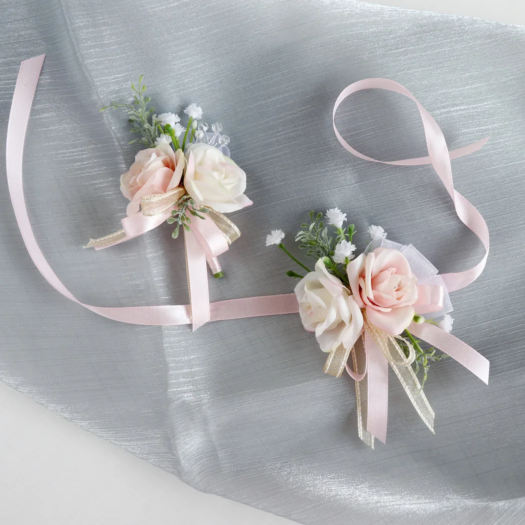 6pcs White Pink Corsage and Boutonniere Set Artificial Rose Wristlet Suit Flower for Men Wedding Party Prom Decoration