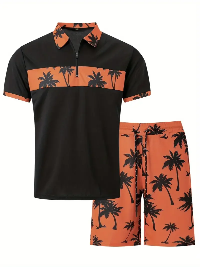 Men's 3D Printed Coconut Tree Fragment Pattern Zipper POLO Shirt + Shorts 2-piece Neutral Fashion Casual Simple Style Clothing