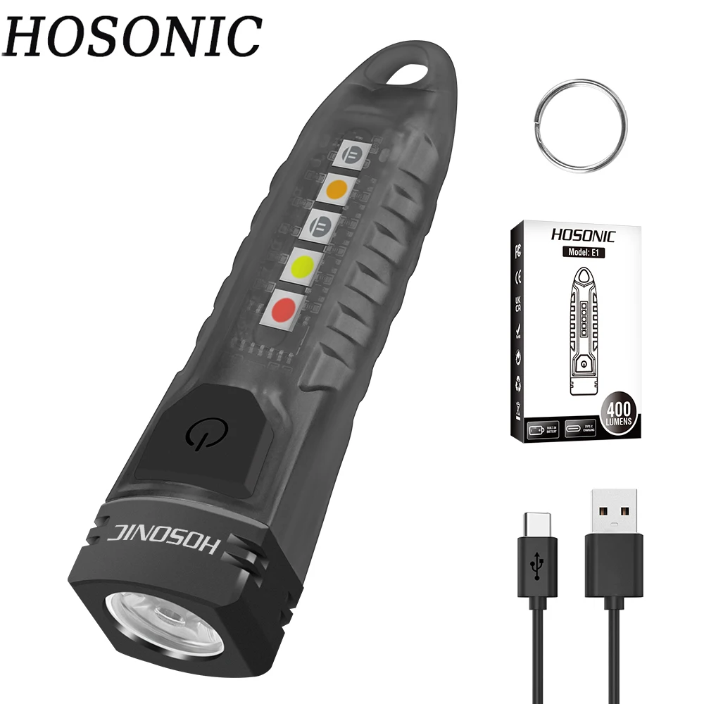 HOSONIC E1 EDC-Taschenlampe, Schlüsselanhänger-Licht, 400 lm, XPG Typ C, wiederaufladbare Mini-LED-Taschenlampe, Camping-Taschenlaterne, eingebauter Akku