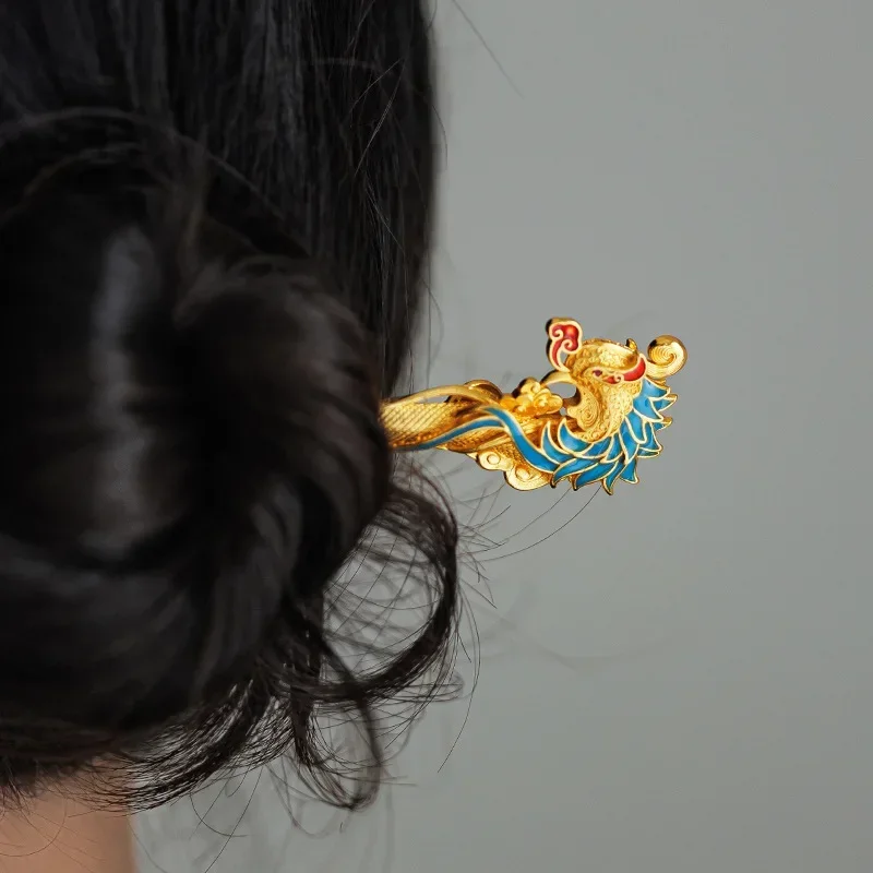 9999 Real Gold 24K New Enamel Color Phoenix Hairpin National Style Headgear Disc Hair, Retro   Accessories