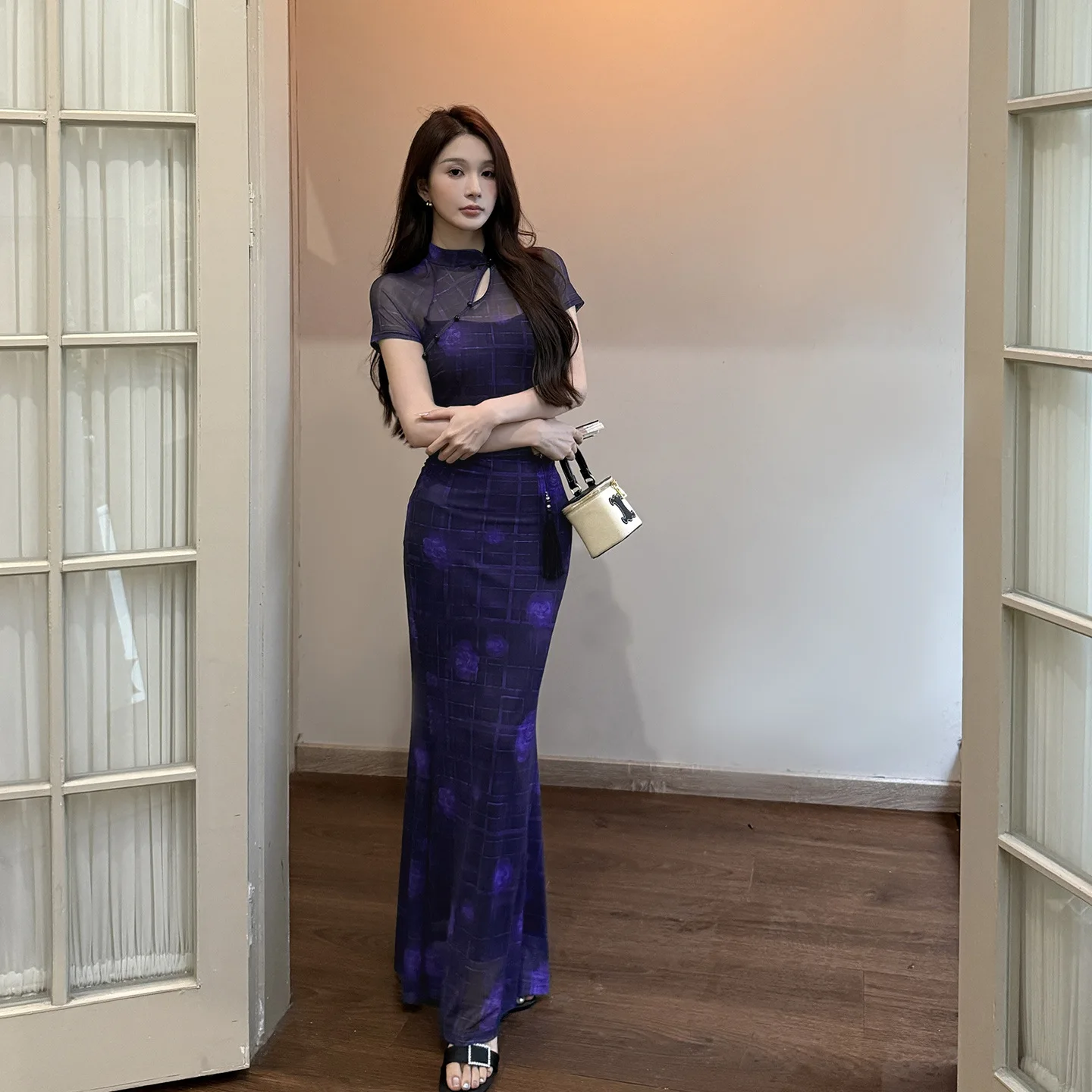 Retro Neo-Cinese Y2K Plaid Scava-out Viola Midi Elegante Sottile Sheer Vestito Aderente Abito da Sera delle Donne Del Partito Parm Vestido Robe