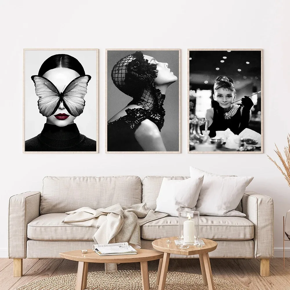 Black and White Butterfly Girl Car Pictures Fashion Paris Luxury Brand Posters Nordic Wall Art Canvas Painting for Living Room