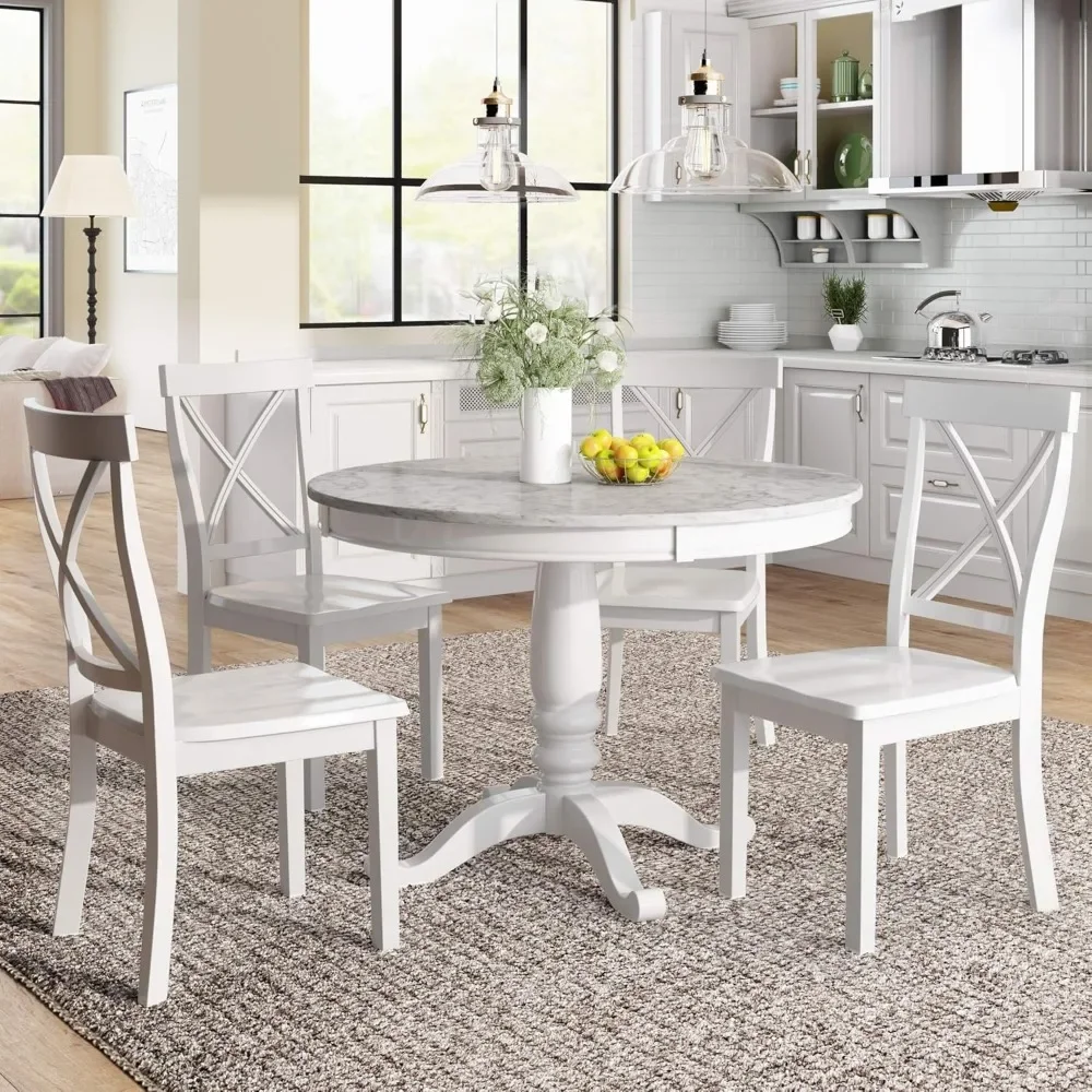 5-Piece Kitchen Dining Table Set Wood Round Table with 4 Upholstered Dining Chairs for Small Places