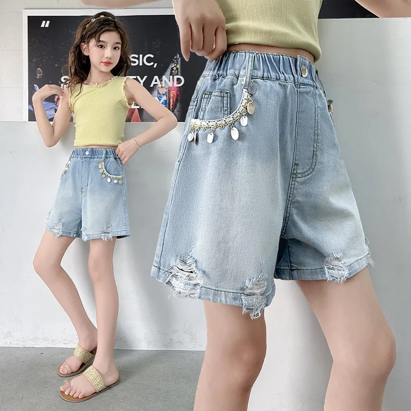 Kids Summer Beautiful Denim Shorts for The Beach y2k Mini Pants for Tweens Girl Bohemian Stylish Cotton Shorts with Sequins