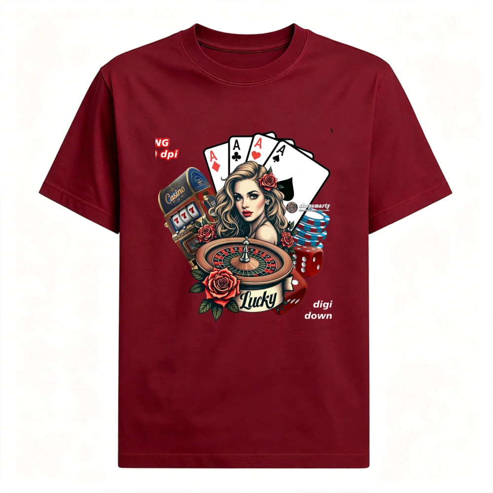 Lucky Casino Lady Roulette Poker Ace Graphic T Shirt Men Vintage Rose Gambling Element Cotton Tee  Unisex Gambler Vacation Tops
