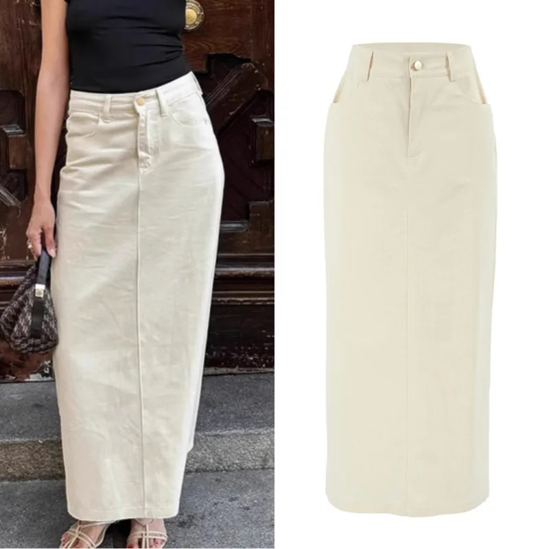 

Vintage Beige High Waist Straight Denim Skirt For Women Fall With Front Slit Utility Style French Inspired Casual Urban Outfit