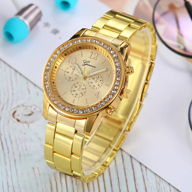 fashion Geneva style rhinestone stainless steel quartz women watch