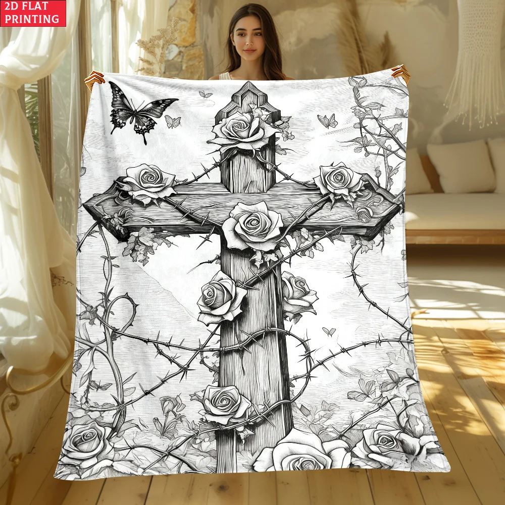 1pc 2D Cross‑and‑Flower‑Print Throw Blanket, Sofa & Bed & Travel Decor, Cozy All‑Season Home Gift