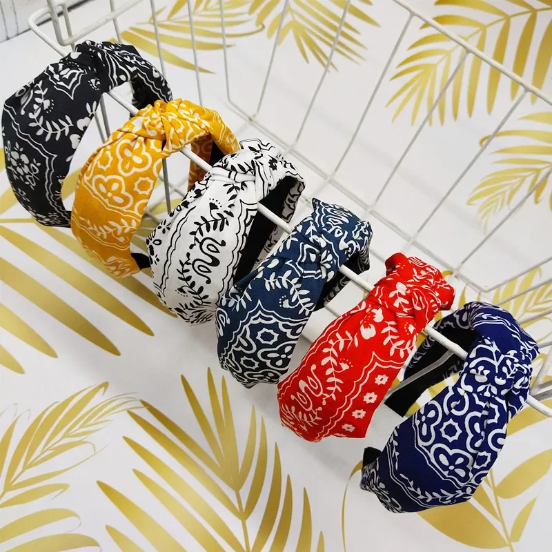 New Fashion Leaves Printed Knot Headbands Wide Ethnic Fabric Twist Hairbands for Women Girls Bezel Hair Hoops Hair Accessories