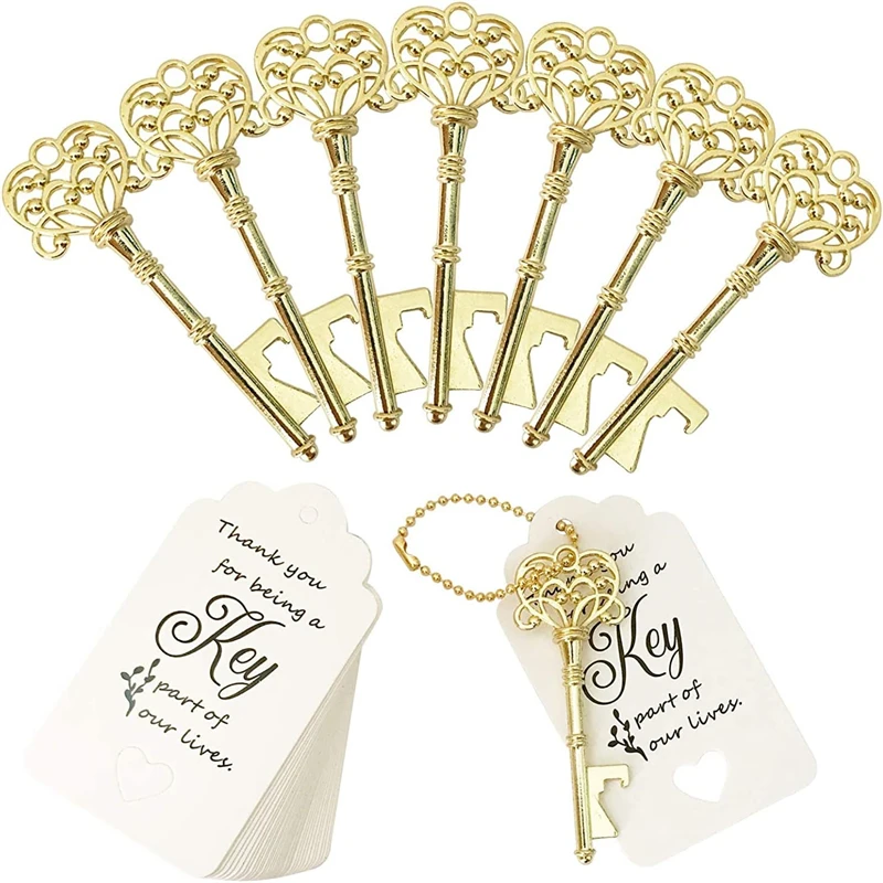 

Key Bottle Openers,Vintage Skeleton Key Bottle Opener,Wedding Favors Bottle Opener with Tag Cards and Key Chains(Gold）