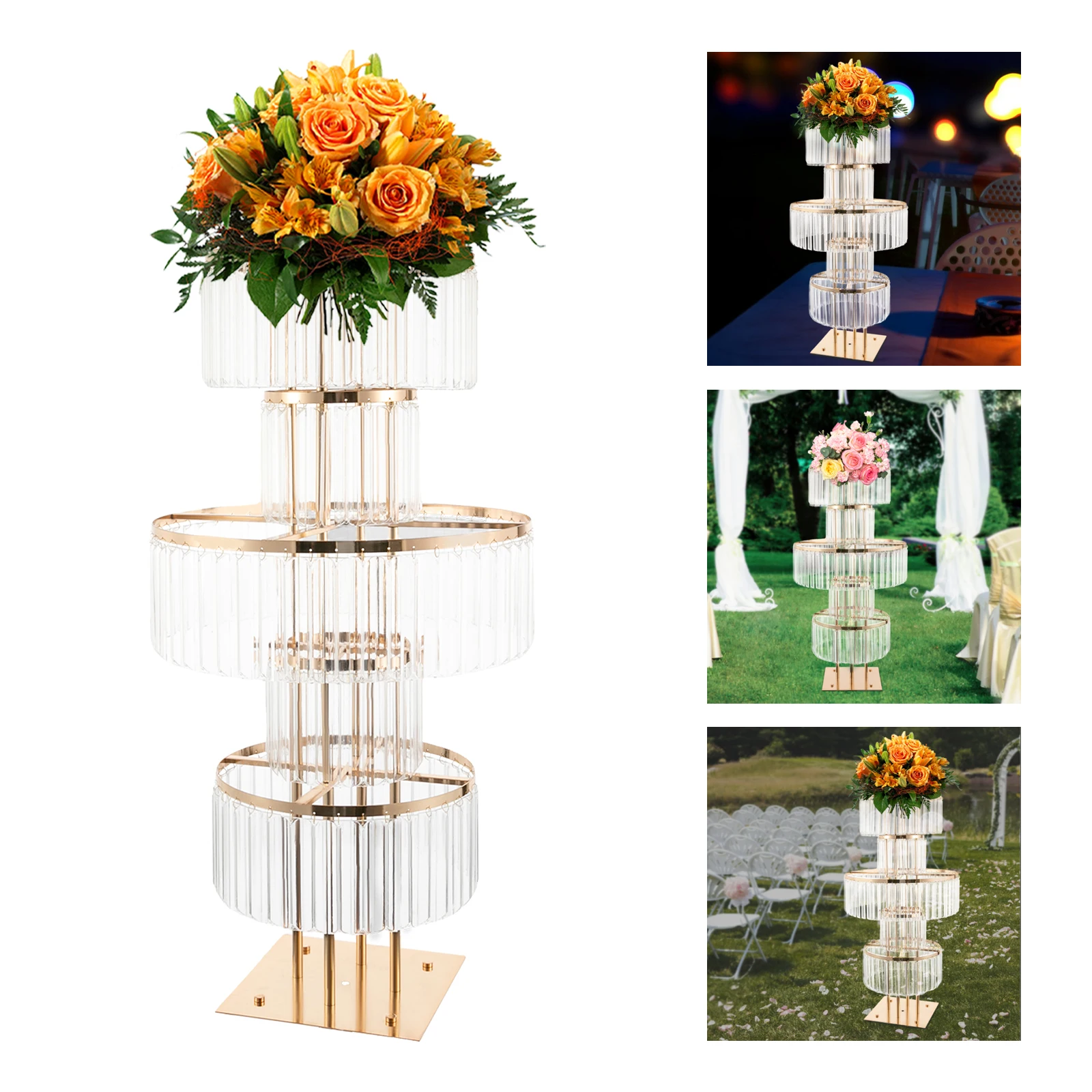 5-Layer Golden Crystal Flower Stand with Crystal Pendant, Wedding Flower Bouquet, Wedding Center Stand, Wedding Party Decoration