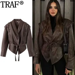 TRAF Faux Leather Jacket Women Vintage Belt Brown Cropped Jacket Woman Streetwear Asymmetric Autumn Winter Coat For Women