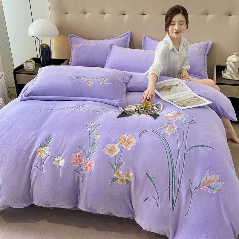 

Winter Double-sided Plush Warm Quilt Cover Sheet Pillowcase 4pcs Luxury Queen Bedding Set Embroidery Duvet Cover Bed Linens Set