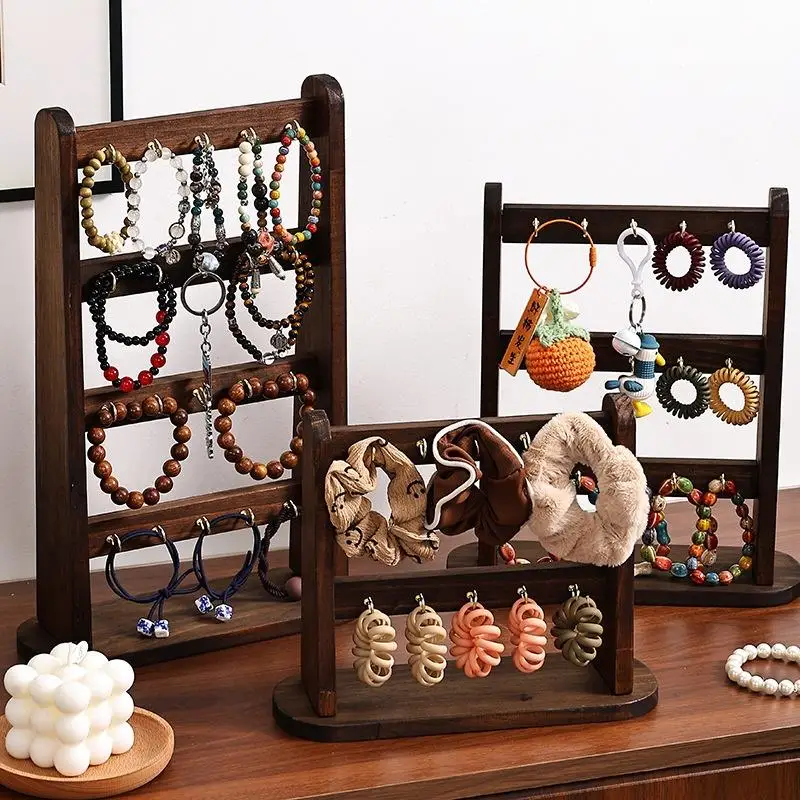 Wooden Multi Tier Jewelry Display Stand With Multiple Hooks For Keychains Bracelets Home Use Retail Vendors