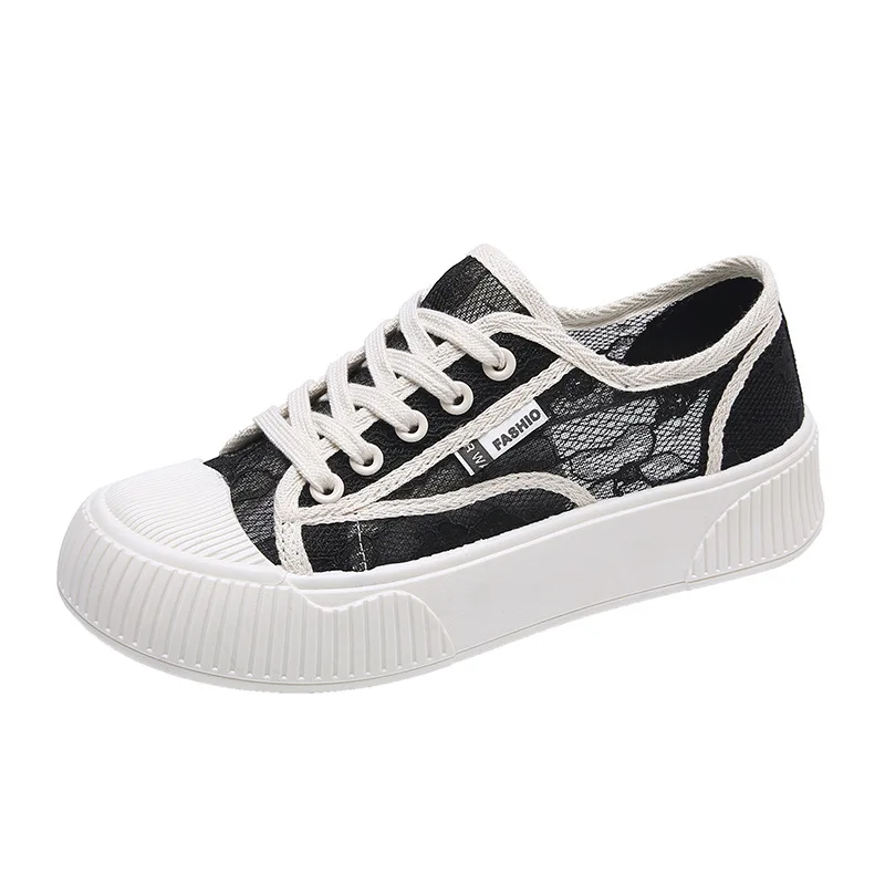 2022 Summer New Lace Mesh Breathable Canvas Shoes Women's Biscuit Shoes Thick Bottom Casual White Shoes Black Beige