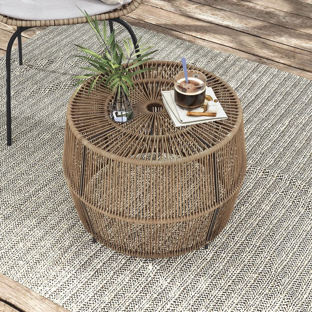 Outdoor Round Coffee Table PE Wicker Rattan Weather Resistant Durable Lightweight Indoor Outdoor Side Table Small Spaces