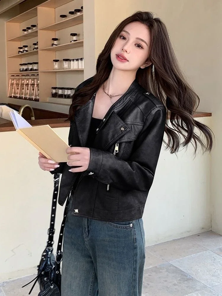 

​Women's Motorcycle Jacket 2025 Autumn Petite Size Short Collared Leather Jacket with Sweet Cool Design​
