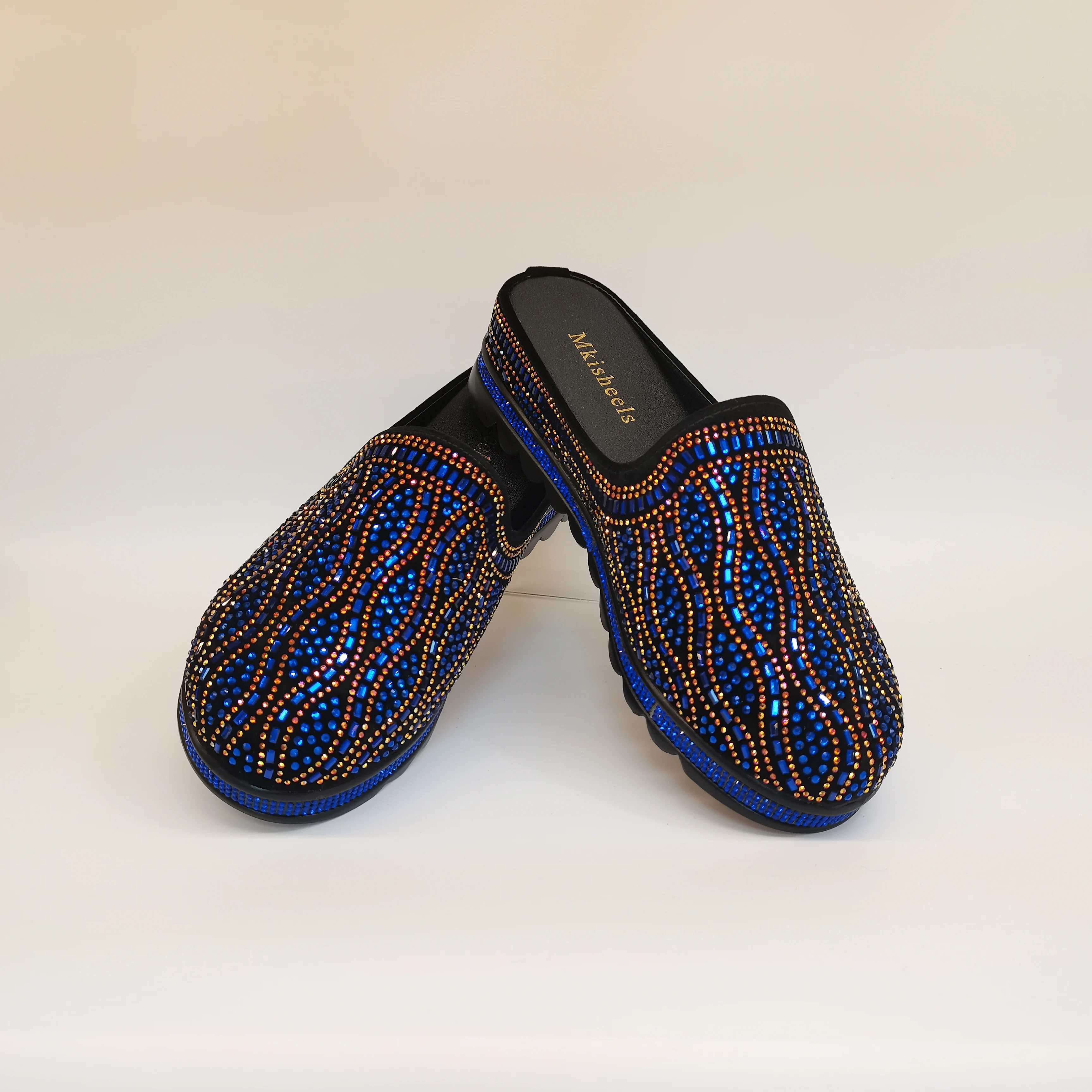 African Popular Luxury Women\'s Rhinestone Slippers Non-slip height-raising, High-end  Mid-Heel Lady Casual Mullers Shoes F1207-1