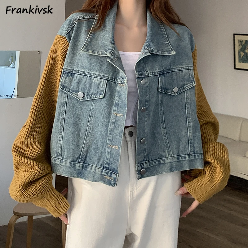 

Jackets Women Fashion Contrast Color Patchwork All-match Hipster Hip Hop Denim Overcoats Youthful Popular Simple College Autumn