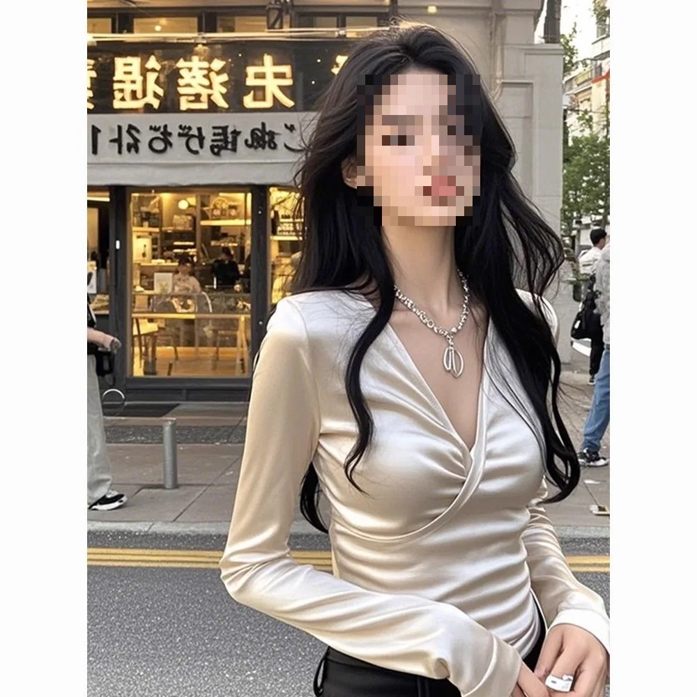 

Spring silver satin slim-fit bottoming shirt commuting thin simple elegant trendy celebrity top
