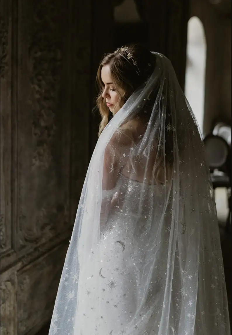 Sparkly Bridal Veil Star Moon Glitter Cathedral Wedding Shawl Cape