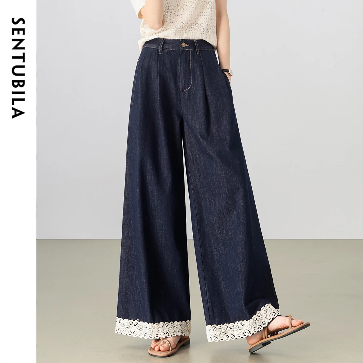 

SENTUBILA Women's Baggy Jeans With Lace High Waist Commute Wide-Leg Pants 2025 New Products Loose Denim Summer Clothes W52NA0020