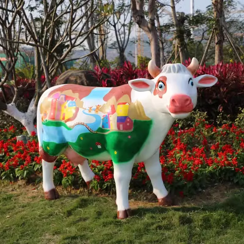 في الهواء الطلق الألياف الزجاجية رسمت باليد الكرتون البقرة زخرفة حديقة الديكور مزرعة المناظر الطبيعية الخلابة النحت الحرف اليدوية