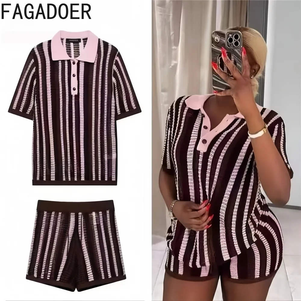 

FAGADOER Fashion Multicolour Knit 2 Pieces Set for Woman Short Sleeve Buttons and Shorts Matching Suits Female Streetwear Summer