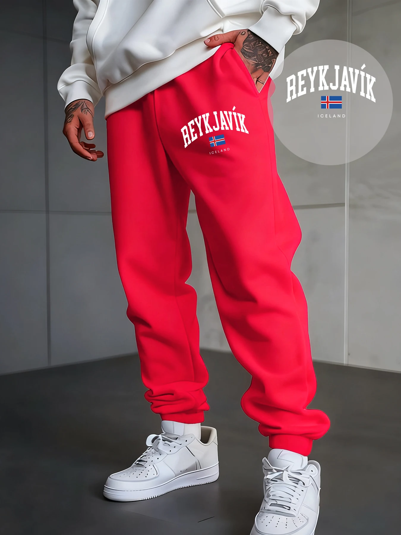 

Reykjavik Iceland Letter And Flag Printing Sweatpants Casual Jogging Pants Versatile Pocket Long Pant Fleece Autumn Man Clothing