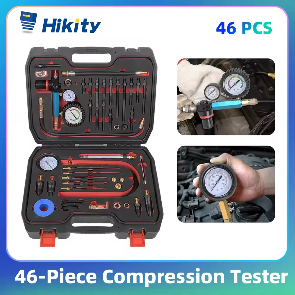 Hikity Kompressionstester Druckverlusttester Motortester 46-teiliges Druckprüfwerkzeug-Set für Hyundai Mercedes Ford Nissan BMW