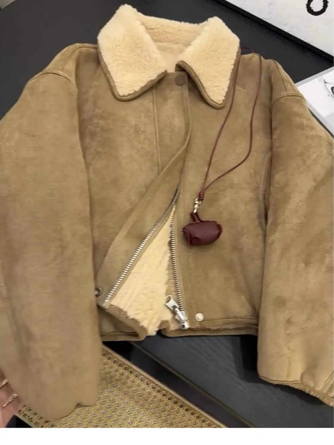 Retro Wildleder-Lederjacke mit Fellbesatz für Damen, Wintermode, Gefütterte Warme Jacke, Koreanischer Stil, Stehkragen