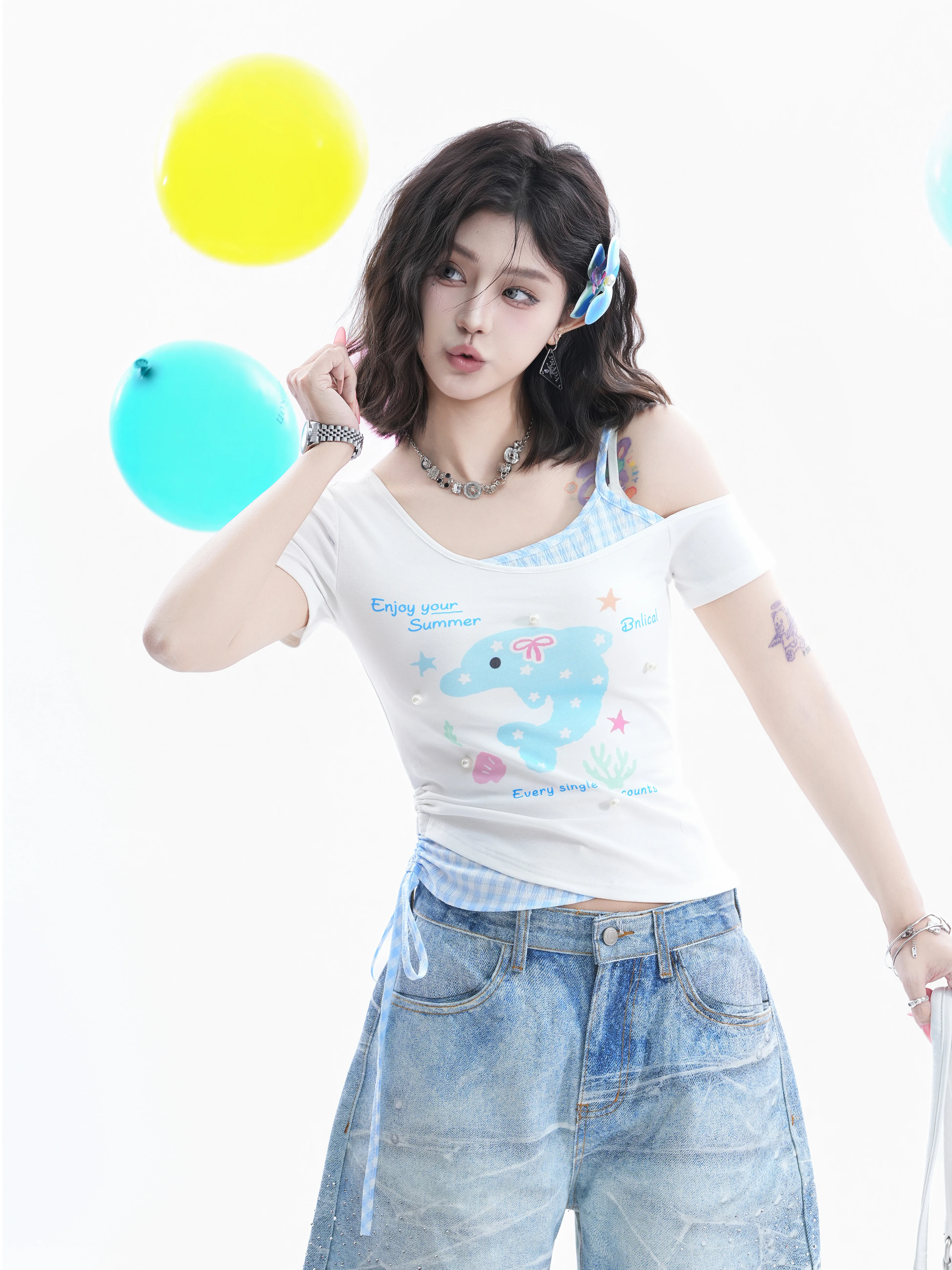 

American Style Retro Dolphin Print Short Sleeve Women's T-shirt 3D Decoration Drawstring Cotton Blend Top Summer Fashion