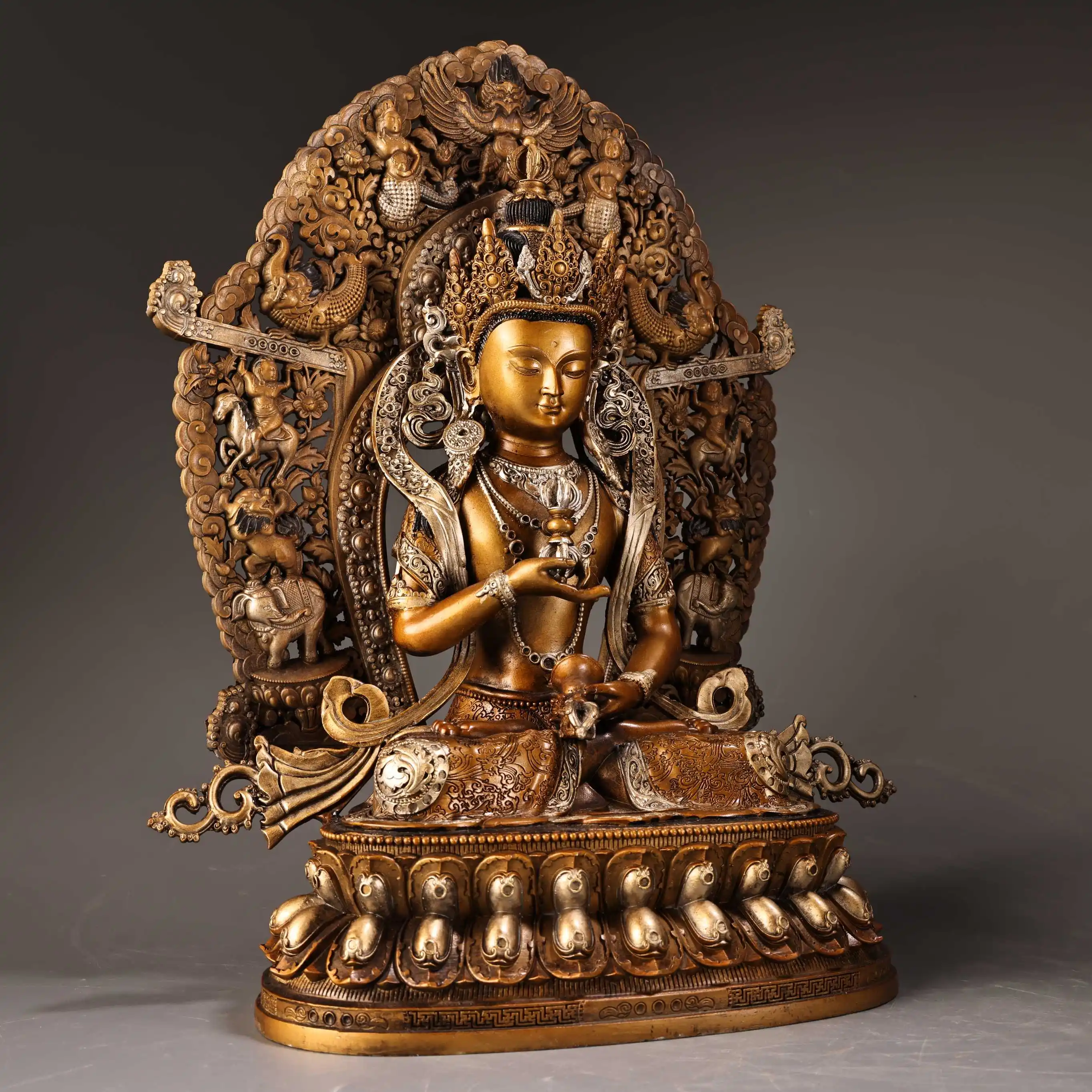 Tibetan brass gilt silver Vajra Buddha, Guanyin Bodhisattva Tara bronze statue ornament, home hall offering supplies