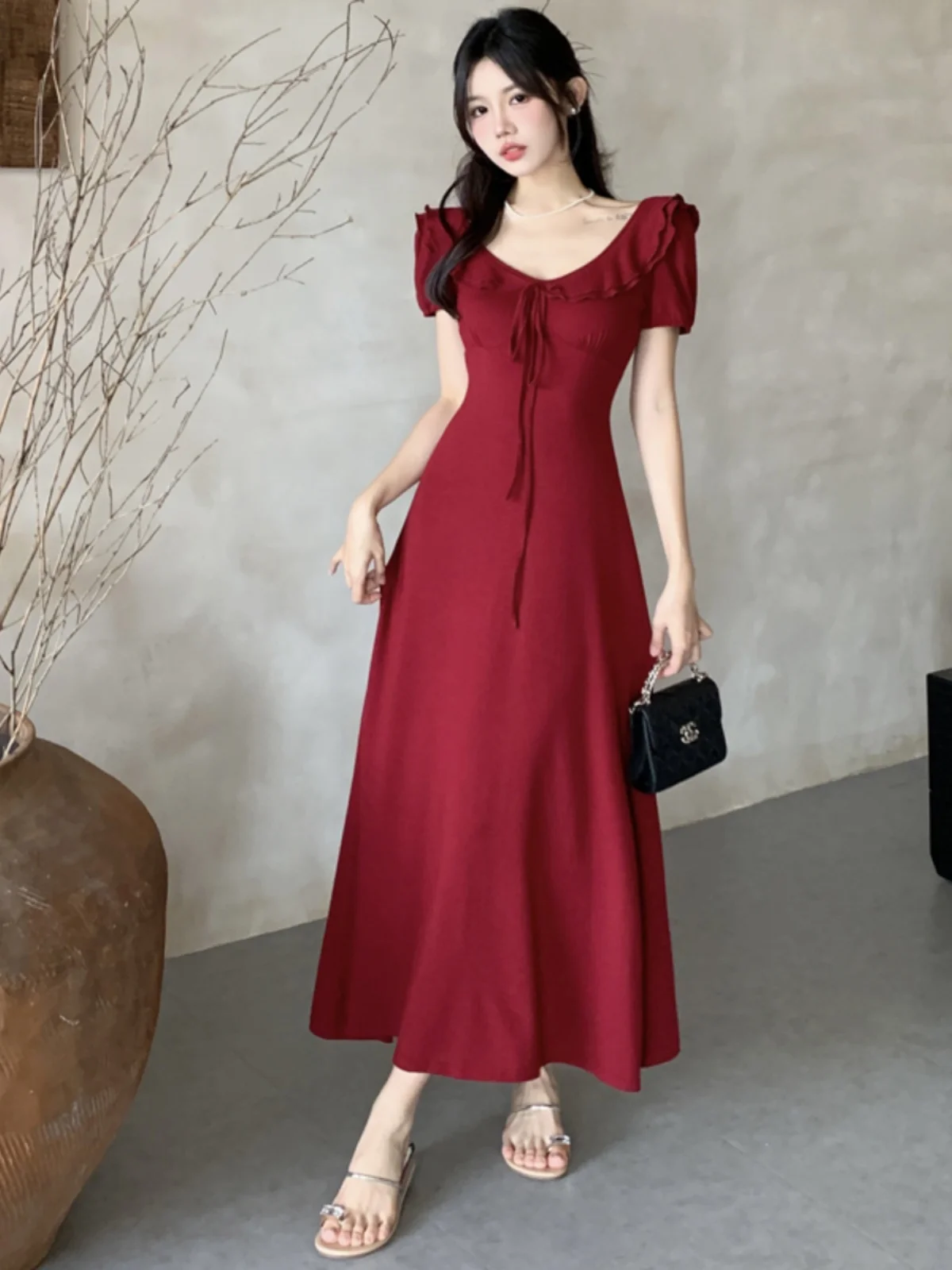 

plus Size Women's Vintage Red Tie Waist V-Ne ort Sve Dr Summer New Sle Classy Long Dr Korean Sle Slim Fit