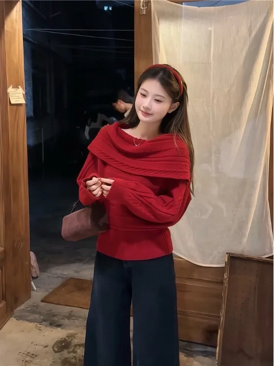 

Повседневный свободный вязаный свитер с длинным рукавом и одним открытым плечом для женщин, винтажный стиль, весна 2026, новая модная коллекция, дышащий, комфортный