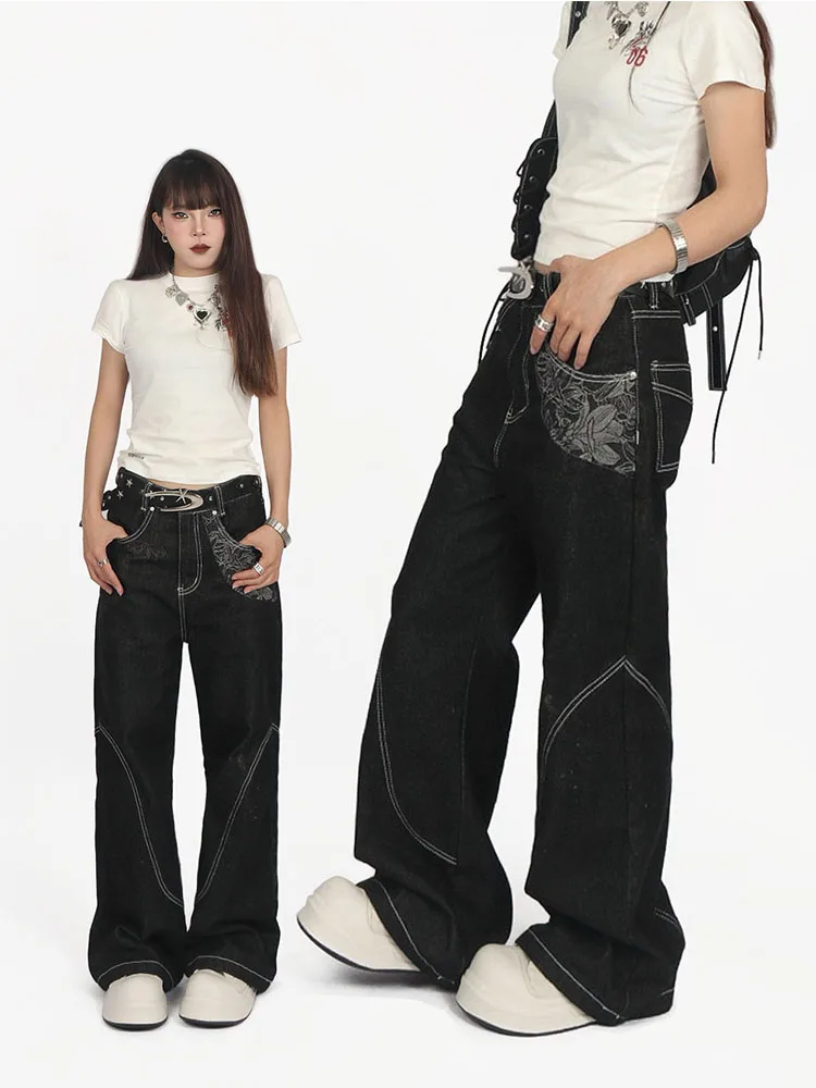 

NNK American Retro "Snake Trace" A-Line Original Jeans Narrow Laser Burnt Flower Tapestry Splicing Straight Leg Denim Jeans