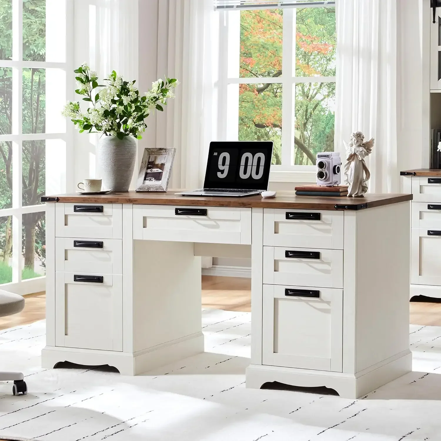 Farmhouse Executive Desk with Drawers, Wood Home Office Desk w/Charging Station, Keyboard Tray, File Drawer, Storage Cabinet