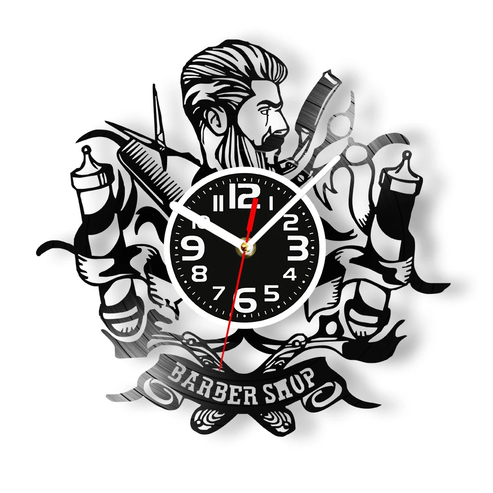 Barber Shop Vinyl Record Wall Clock For Men Haircut Barbershop Salon Vintage Hairstylist Barber Pole Scissors Razor Wall Clock