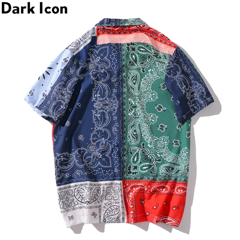 Dark Icon Bandanna Print Retro Shirts Turn-down Collar Men Streetwear Short Sleeve Shirts Men Top