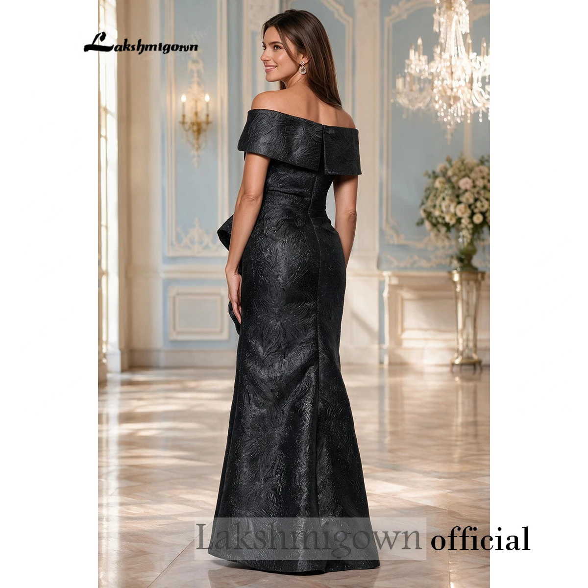 Lakshmigown Schwarzes schulterfreies Meerjungfrauen-Abendkleid mit Rüschen und Schlitz, formelles Kleid für die Brautmutter oder Hochzeitsgäste, maßgeschneidert – Detail 5