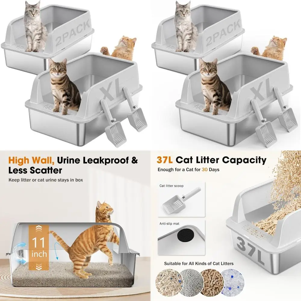 

Очень большой лоток из нержавеющей стали XL с крышкой для больших кошек, высокие стороны, защита от утечек, антипригарное покрытие, совок в комплекте