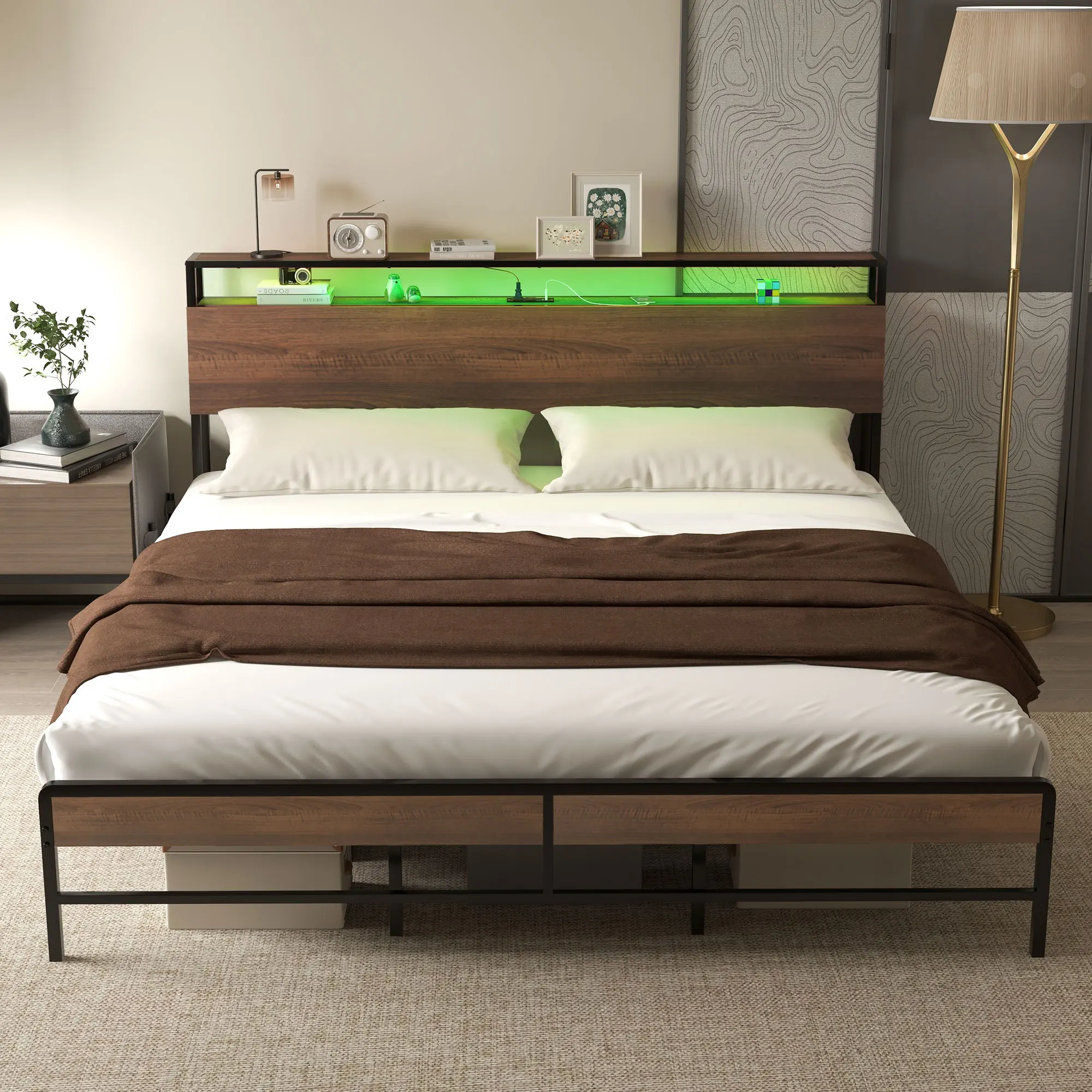 Homcom King Bed Frame with Headboard, Led Lights, Charging Station, Walnut