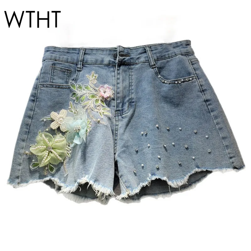 

WTHT Fashion New Women's Spliced 3D Embroidery Flower A-line Denim Shorts 2025 Summer Trendy A-line Short Pants Female 1LS1919