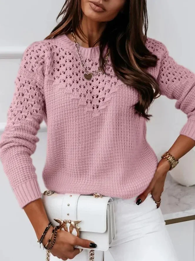 Women's Solid Color Jacquard Hollow Splicing Round Neck Elegant Sweater 2024 Autumn