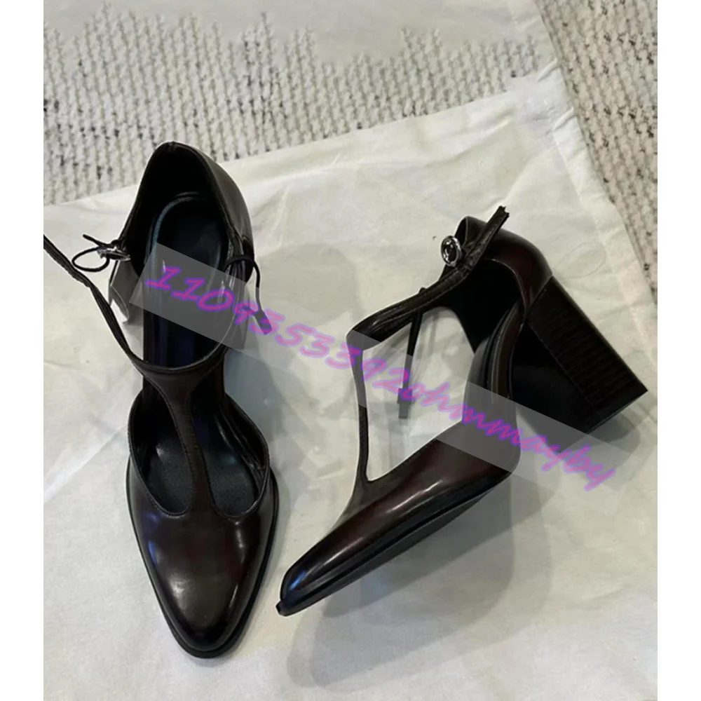 

Burgundy Genuine Leather Chunky Heeled Mary Jane Pumps Women'S Pointed Toe T-Strap High-Heeled Mules Luxury Evening High Heels