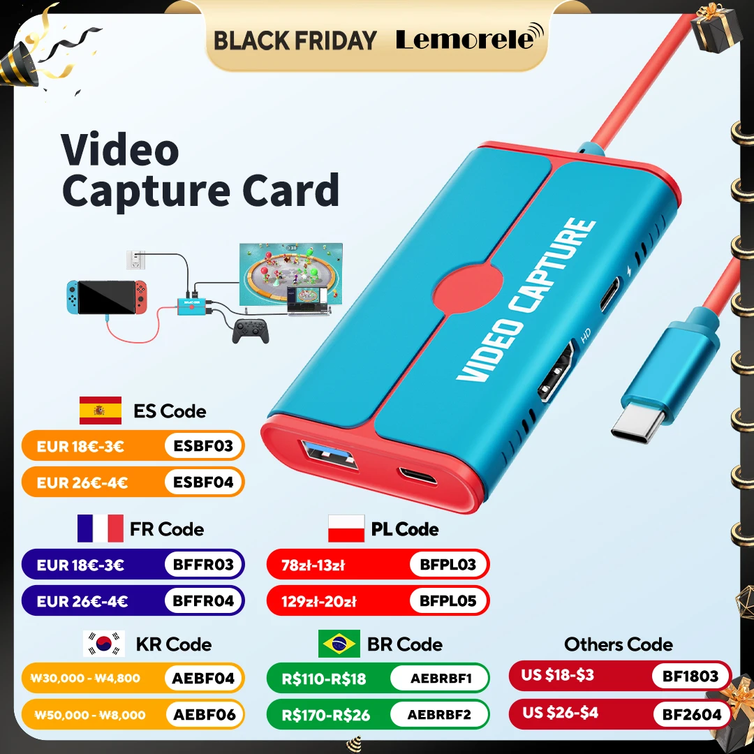 

Карта видеозахвата Lemorele USB 3.0 Концентратор 1080P Type-C к HDMI/USB видеозахват с PD 100 Вт для записи игр в прямом эфире
